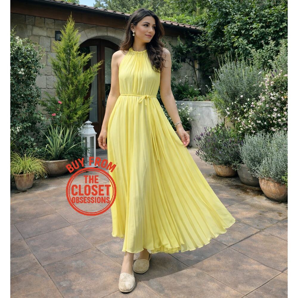 Mango NWT Butter Yellow Pleated Halter Midi Dress 8 - Picture 4 of 16